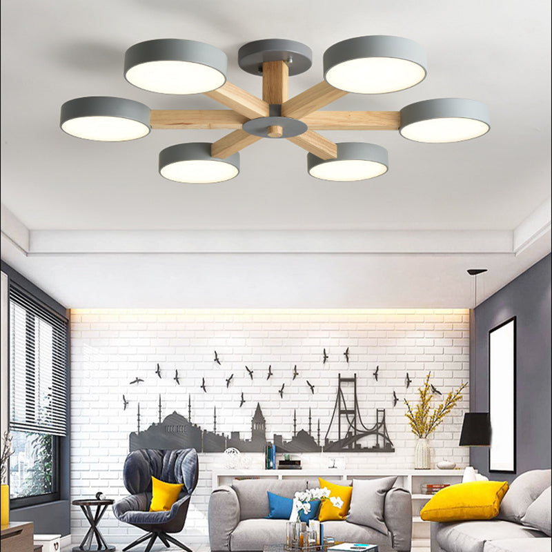 Wooden LED Macaron Ceiling Light in Modern Simplicity Iron Radial Ceiling Fixture with Acrylic Shade