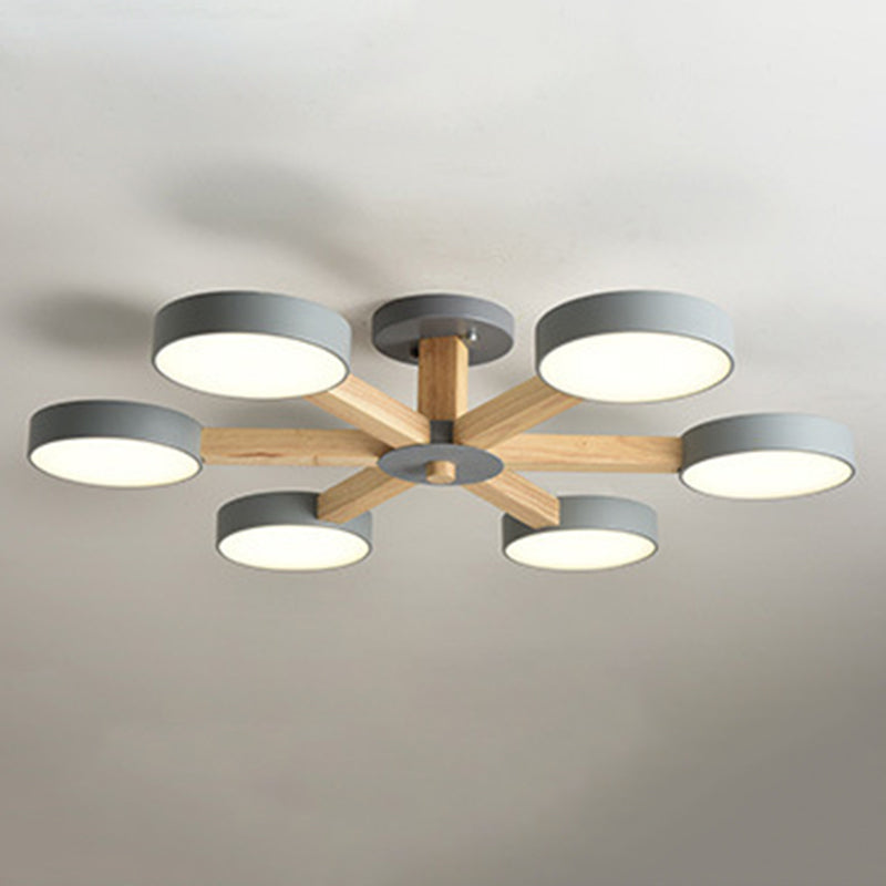 Wooden LED Macaron Ceiling Light in Modern Simplicity Iron Radial Ceiling Fixture with Acrylic Shade