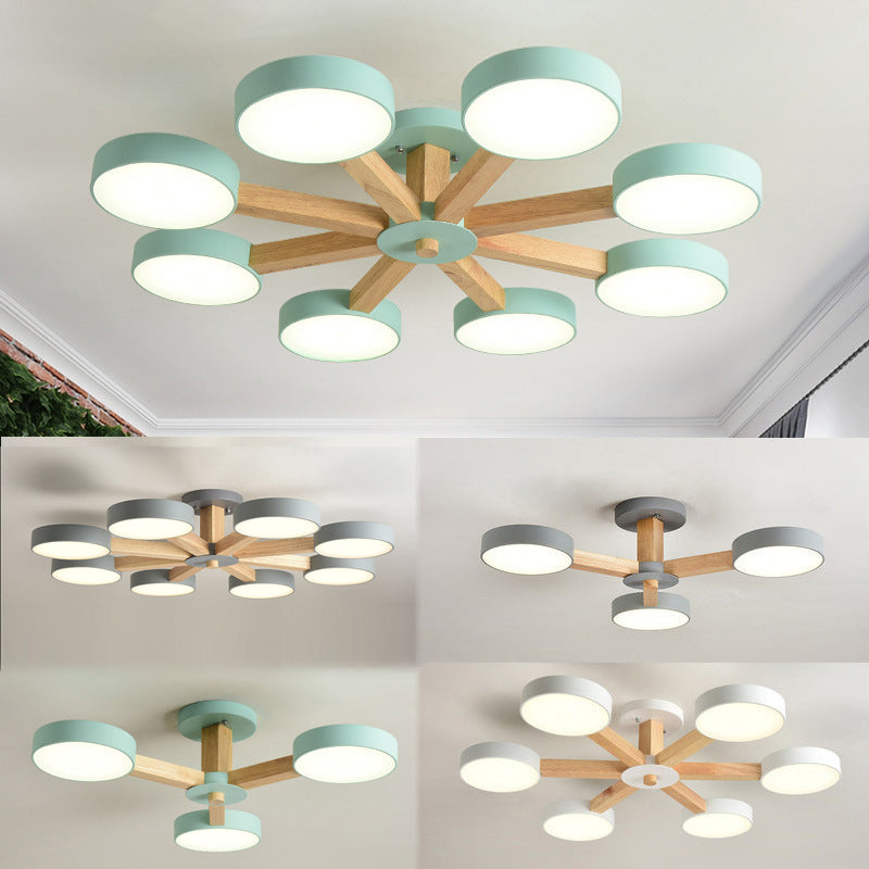 Wooden LED Macaron Ceiling Light in Modern Simplicity Iron Radial Ceiling Fixture with Acrylic Shade