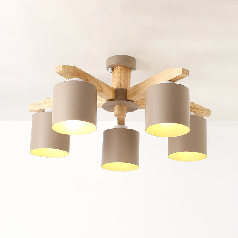 Macaron concis moderne Macaron Semi Flush Mount en bois Spoutnik plafond avec teinte en fer forgé