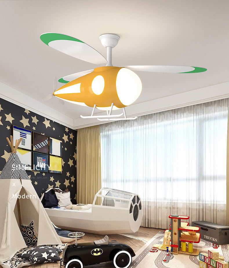 Lámpara de montaje de semi descarga LED de ventilador colgante en forma de avión de metal para dormitorio para niños