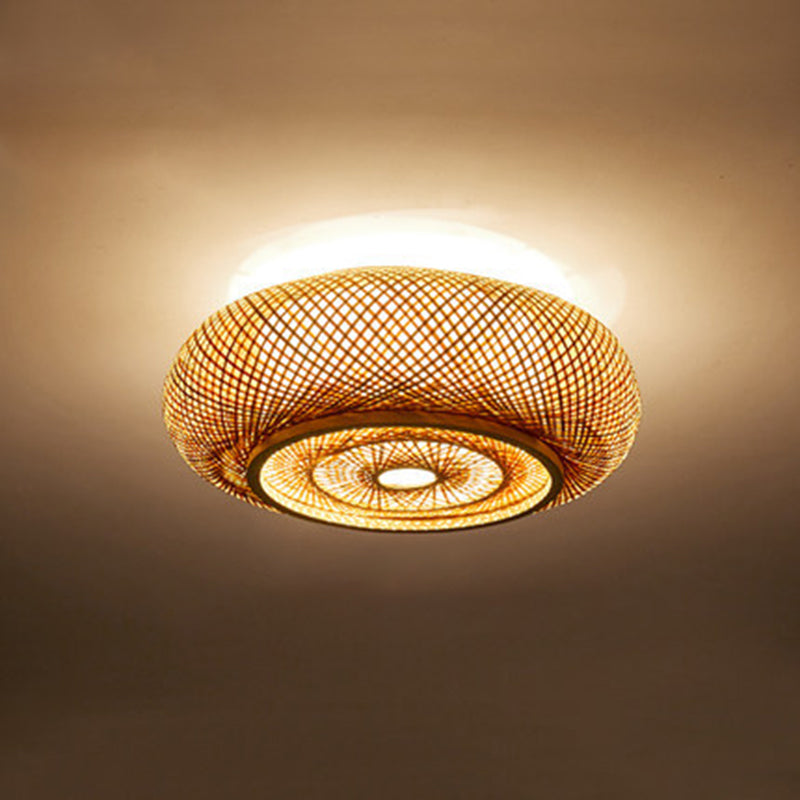 Bamboo Log Color Flush Mount in Asian Artistic Style Drum Weaving Ceiling Light for Interior Spaces