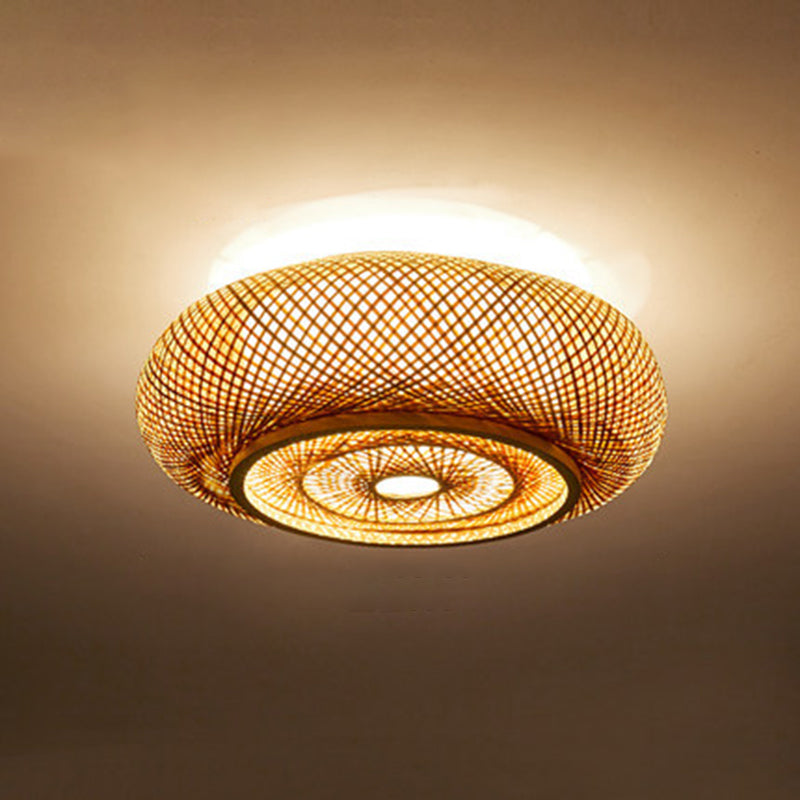 Bamboo Log Color Flush Mount in Asian Artistic Style Drum Weaving Ceiling Light for Interior Spaces