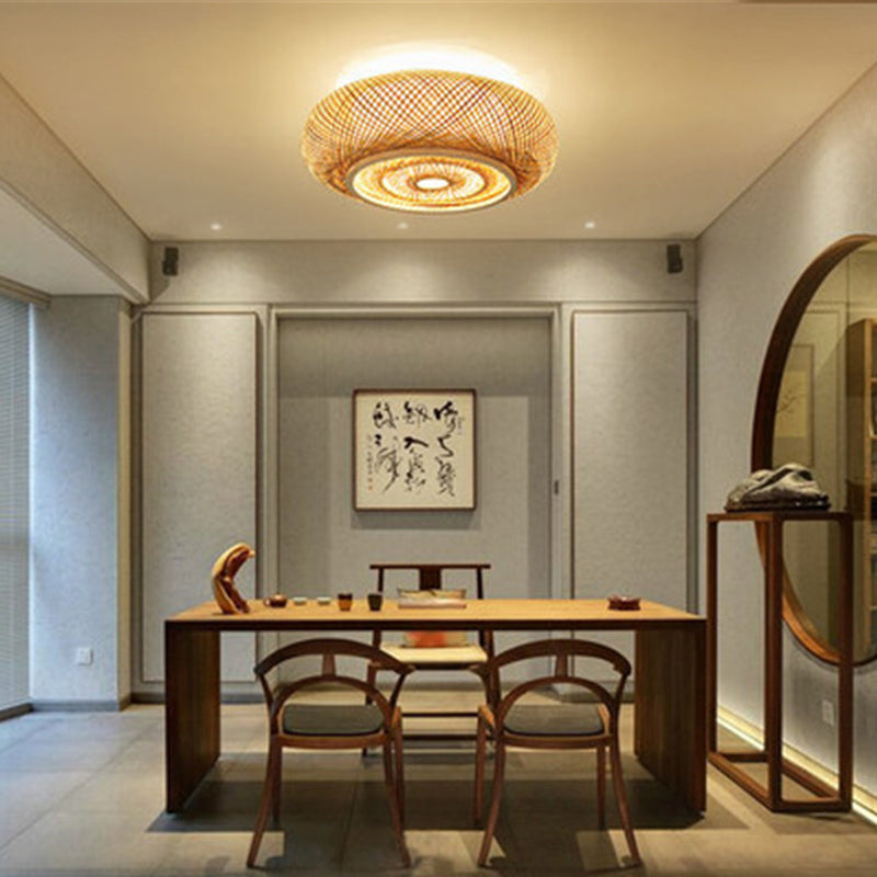 Bamboo Log Color Flush Mount in Asian Artistic Style Drum Weaving Ceiling Light for Interior Spaces