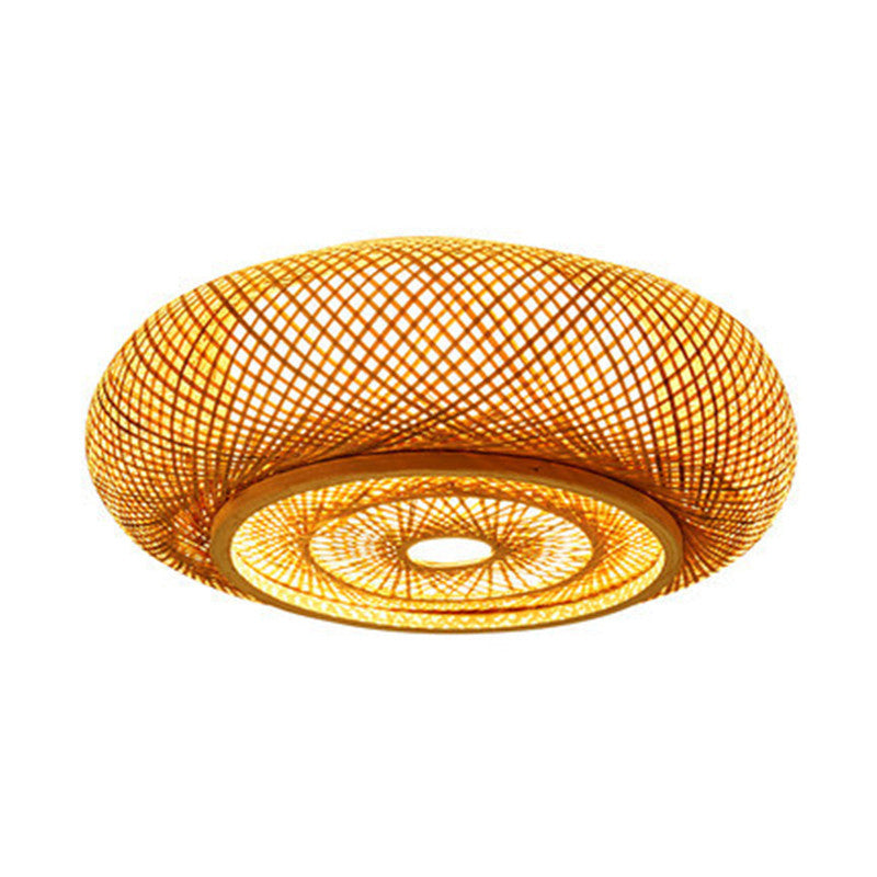 Bamboo Log Color Flush Mount in Asian Artistic Style Drum Weaving Ceiling Light for Interior Spaces