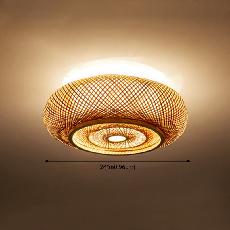 Bamboo Log Color Flush Mount in Asian Artistic Style Drum Weaving Ceiling Light for Interior Spaces
