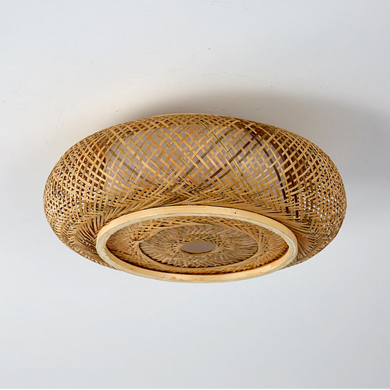 Bamboo Log Color Flush Mount in Asian Artistic Style Drum Weaving Ceiling Light for Interior Spaces