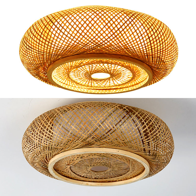 Bamboo Log Color Flush Mount in Asian Artistic Style Drum Weaving Ceiling Light for Interior Spaces