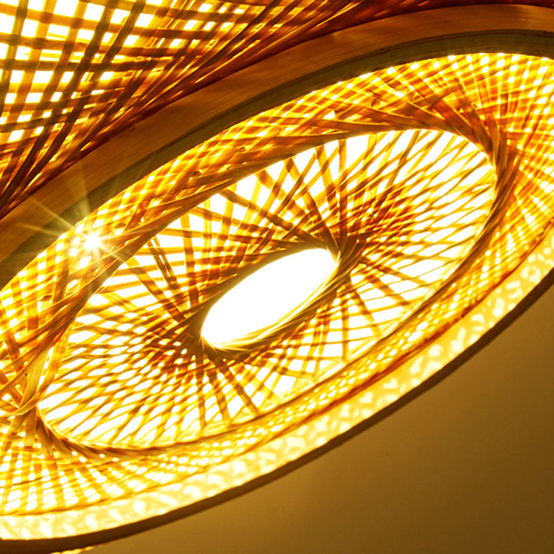 Bamboo Log Color Flush Mount in Asian Artistic Style Drum Weaving Ceiling Light for Interior Spaces