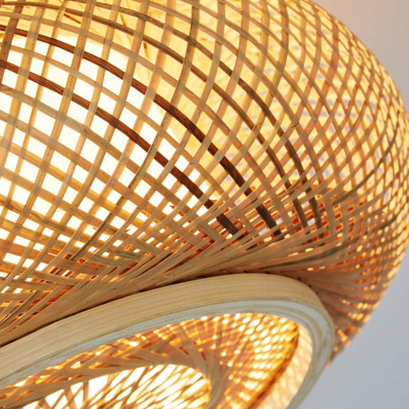 Bamboo Log Color Flush Mount in Asian Artistic Style Drum Weaving Ceiling Light for Interior Spaces
