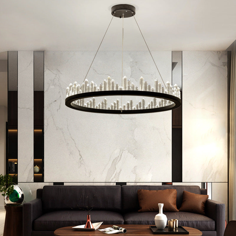 Black Circular LED Pendant Light in Modern Luxury Style Wrought Iron Hanging Lamp with Crystal Shade
