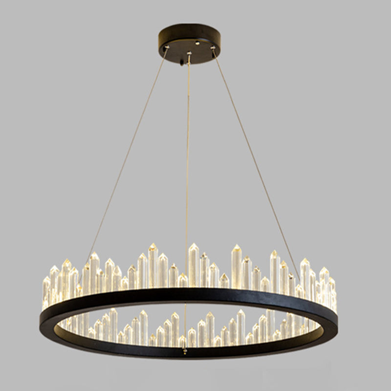 Black Circular LED Pendant Light in Modern Luxury Style Wrought Iron Hanging Lamp with Crystal Shade