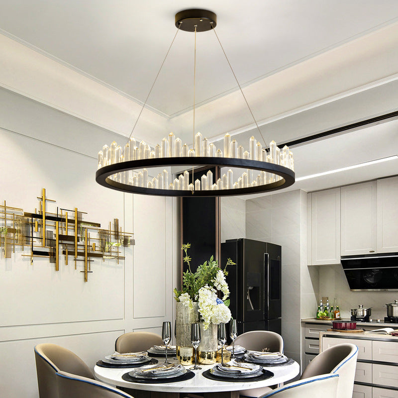 Black Circular LED Pendant Light in Modern Luxury Style Wrought Iron Hanging Lamp with Crystal Shade