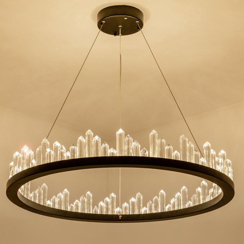 Black Circular LED Pendant Light in Modern Luxury Style Wrought Iron Hanging Lamp with Crystal Shade