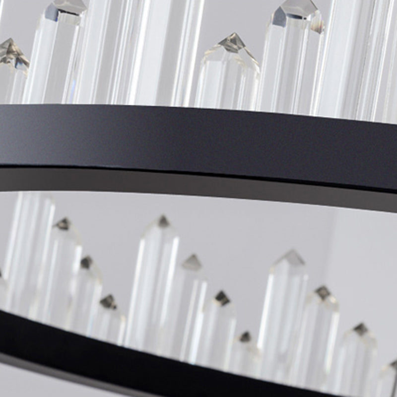 Black Circular LED Pendant Light in Modern Luxury Style Wrought Iron Hanging Lamp with Crystal Shade