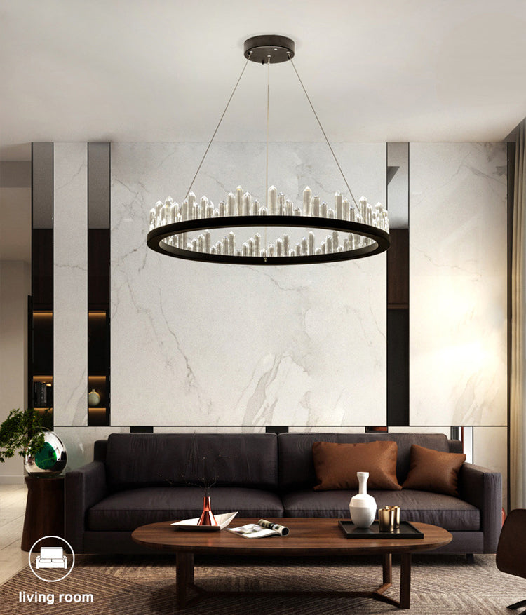 Black Circular LED Pendant Light in Modern Luxury Style Wrought Iron Hanging Lamp with Crystal Shade