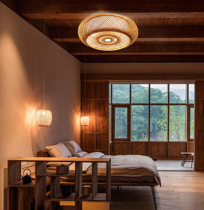 Bamboo Weaving Art Flush Mount in Asian Creative Style Drum 3-Light Ceiling Light for Corridor