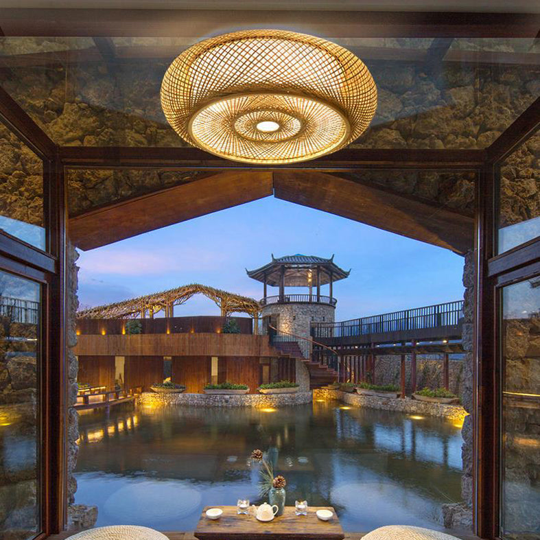 Bamboo Weaving Art Flush Mount in Asian Creative Style Drum 3-Light Ceiling Light for Corridor