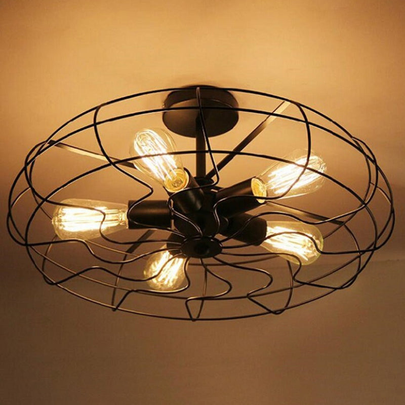 Montaje semi descarga negro de 5 luces en estilo industrial Luz de techo de hierro forjado para lugar comercial