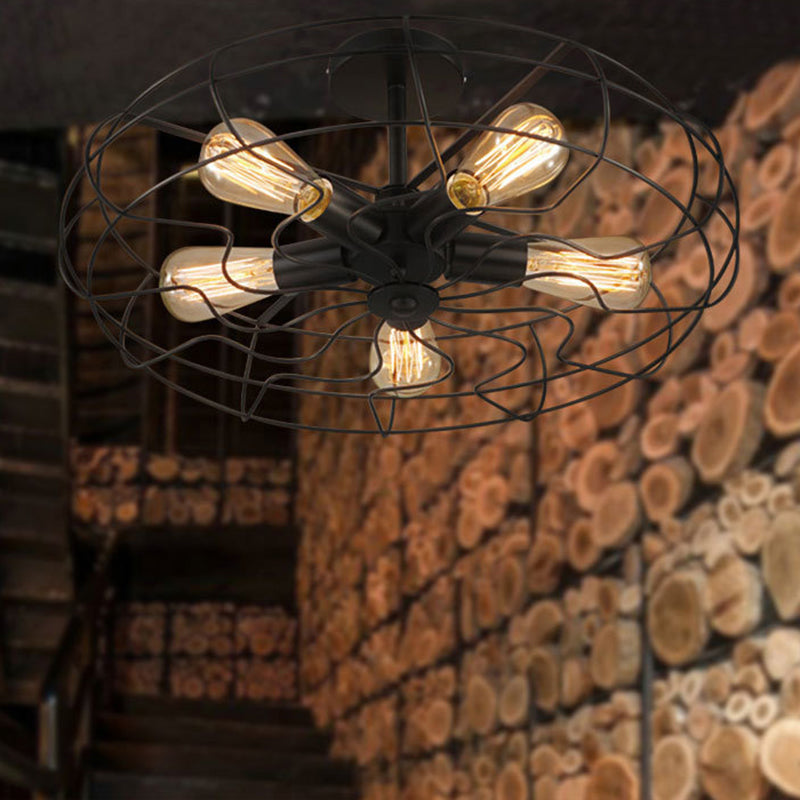 Montaje semi descarga negro de 5 luces en estilo industrial Luz de techo de hierro forjado para lugar comercial