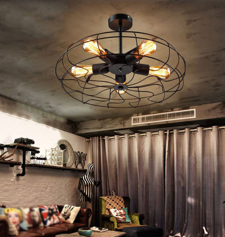 Montaje semi descarga negro de 5 luces en estilo industrial Luz de techo de hierro forjado para lugar comercial