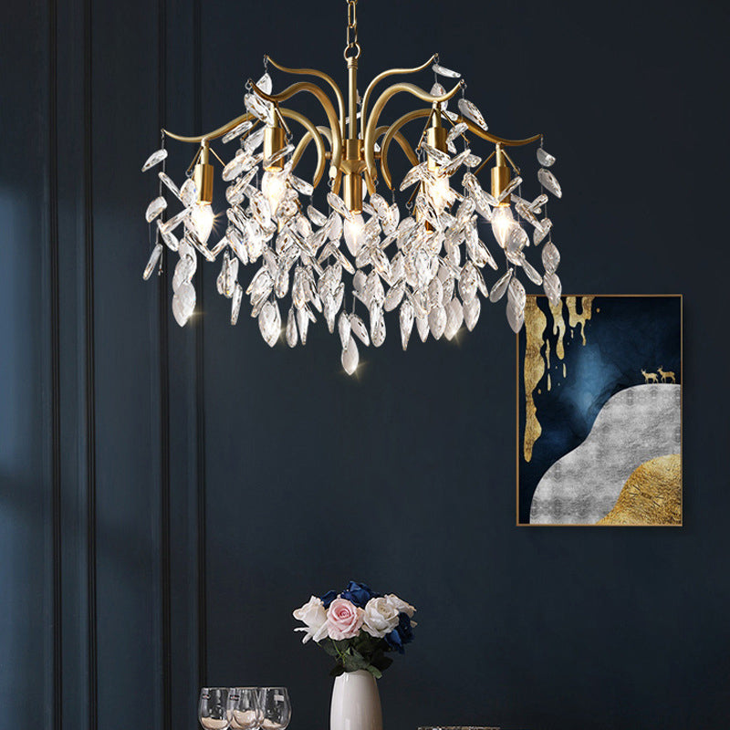 Gold Branches Suspended Lighting Fixture Rustic Crystal Living Room Chandelier Pendant Light