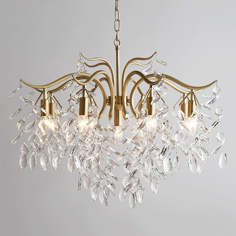 Gold Branches Suspended Lighting Fixture Rustic Crystal Living Room Chandelier Pendant Light