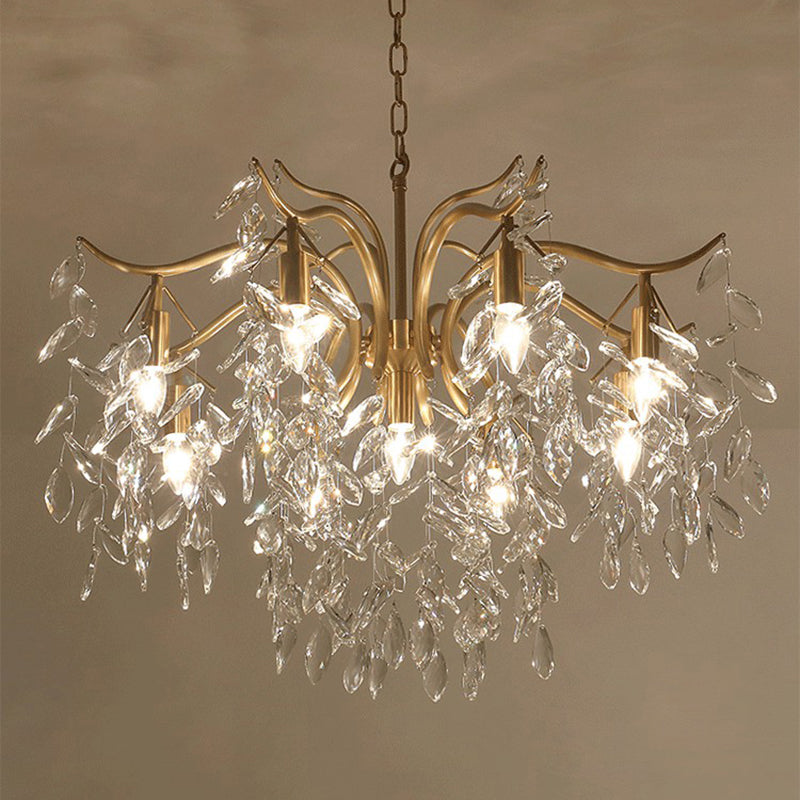 Gold Branches Suspended Lighting Fixture Rustic Crystal Living Room Chandelier Pendant Light
