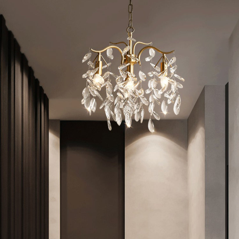 Gold Branches Suspended Lighting Fixture Rustic Crystal Living Room Chandelier Pendant Light