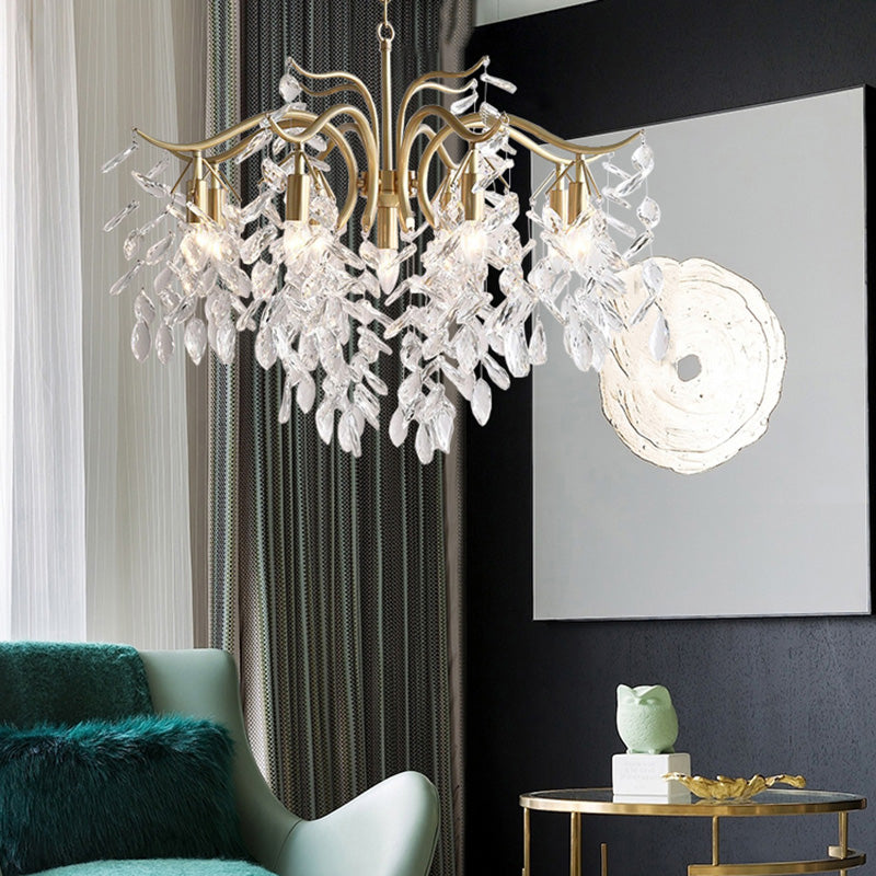 Crystal Branches Chandelier Light Fixture Rustic Living Room Pendant Chandelier in Gold