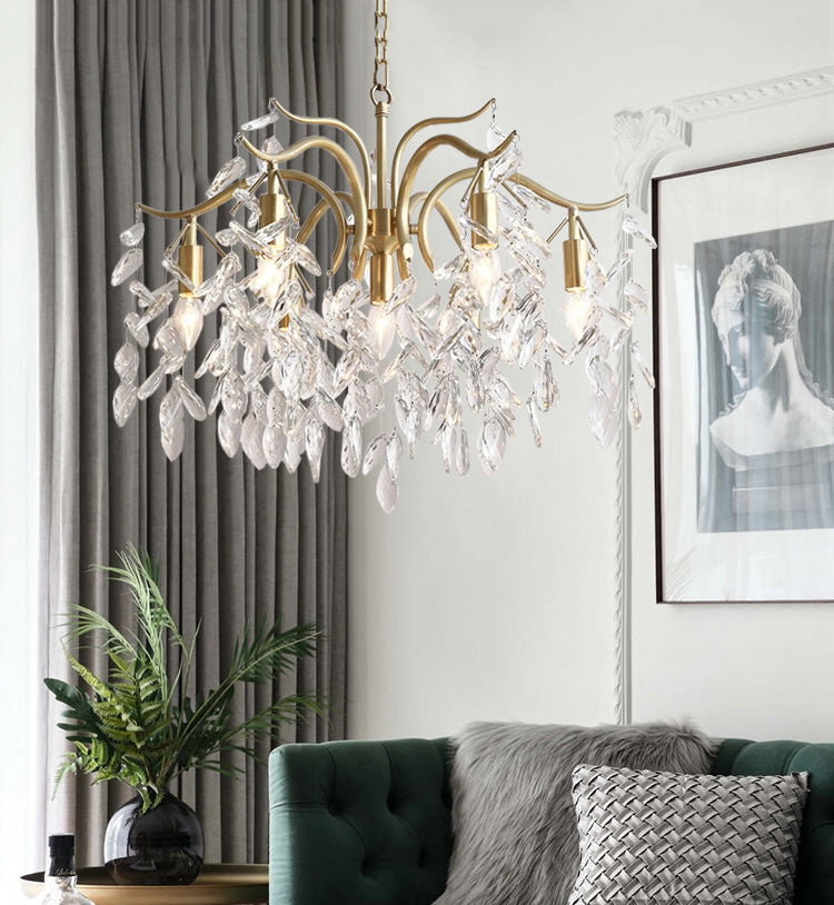 Crystal Branches Chandelier Light Fixture Rustic Living Room Pendant Chandelier in Gold