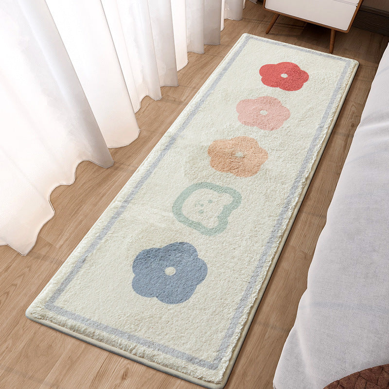 White Flower Indoor Rug Polyester Kids Area Rug Non-Split Backing Carpet for Bedroom