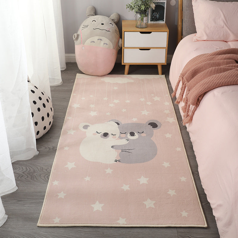 Pink Tone Cartoon Pattern Rug Polyester Minimalist Carpet Washable Indoor Rug for Girl’s Bedroom