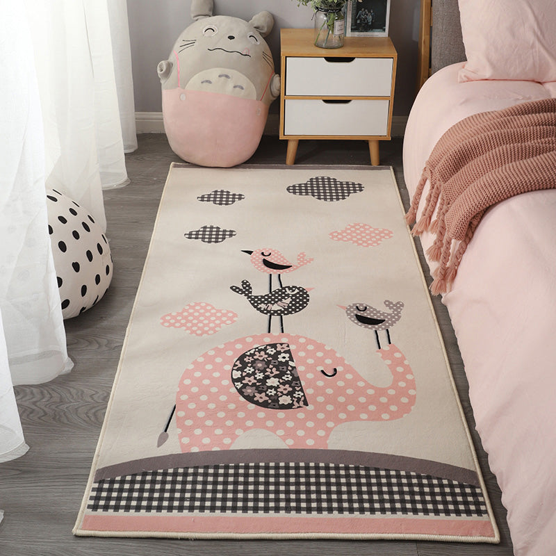 Pink Tone Cartoon Pattern Rug Polyester Minimalist Carpet Washable Indoor Rug for Girl’s Bedroom