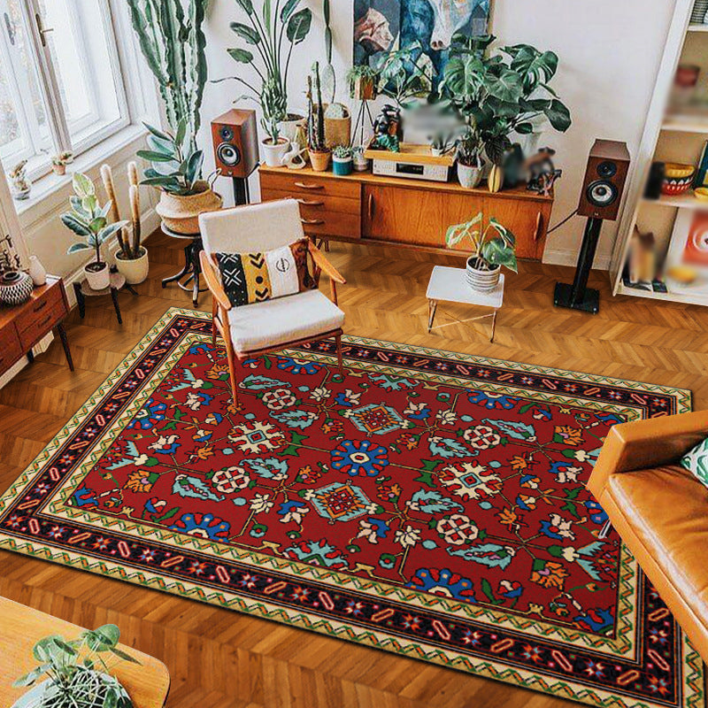 Moroccan Medallion Rug Red Polyester Indoor Carpet Non-Split Backing Carpet for Living Room