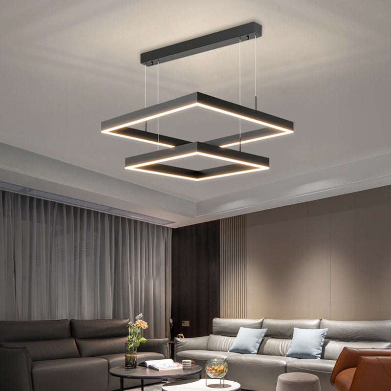 Metal Squared Pendant Lighting Fixture Modern Style LED Black Hanging Chandelier