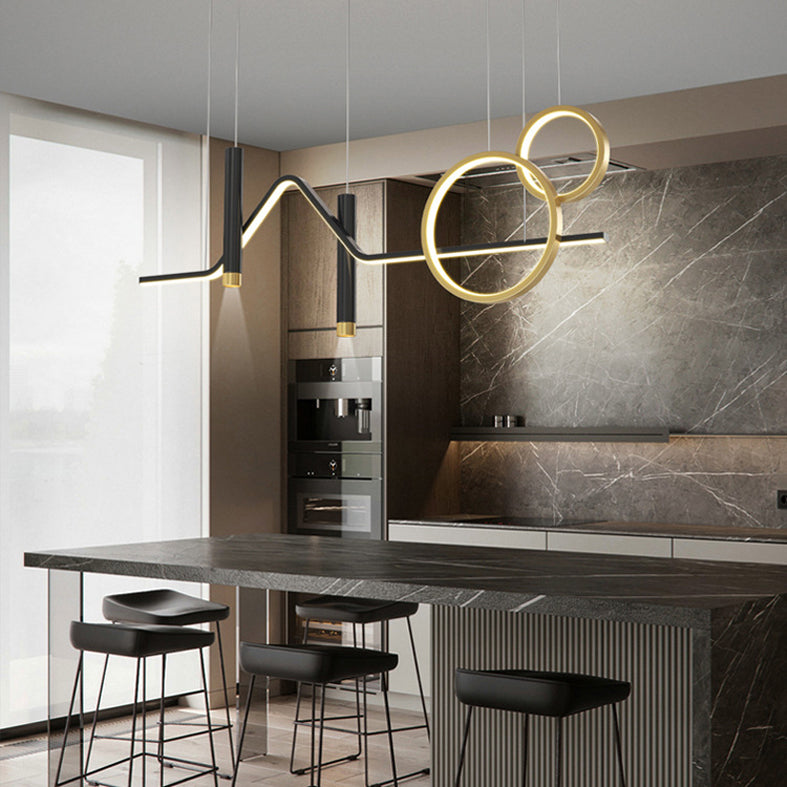Contemporary Linear Hanging Island Light Metal LED Dinning Room Island Chandelier in Gold-Black