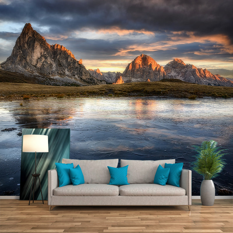 Beautiful Mountain Landscape Mural Wallpaper for Sitting Room Decor in Dark Color