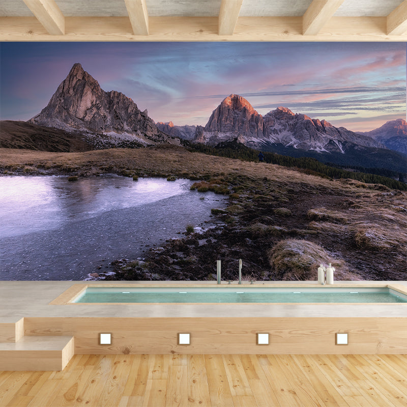 Beautiful Mountain Landscape Mural Wallpaper for Sitting Room Decor in Dark Color