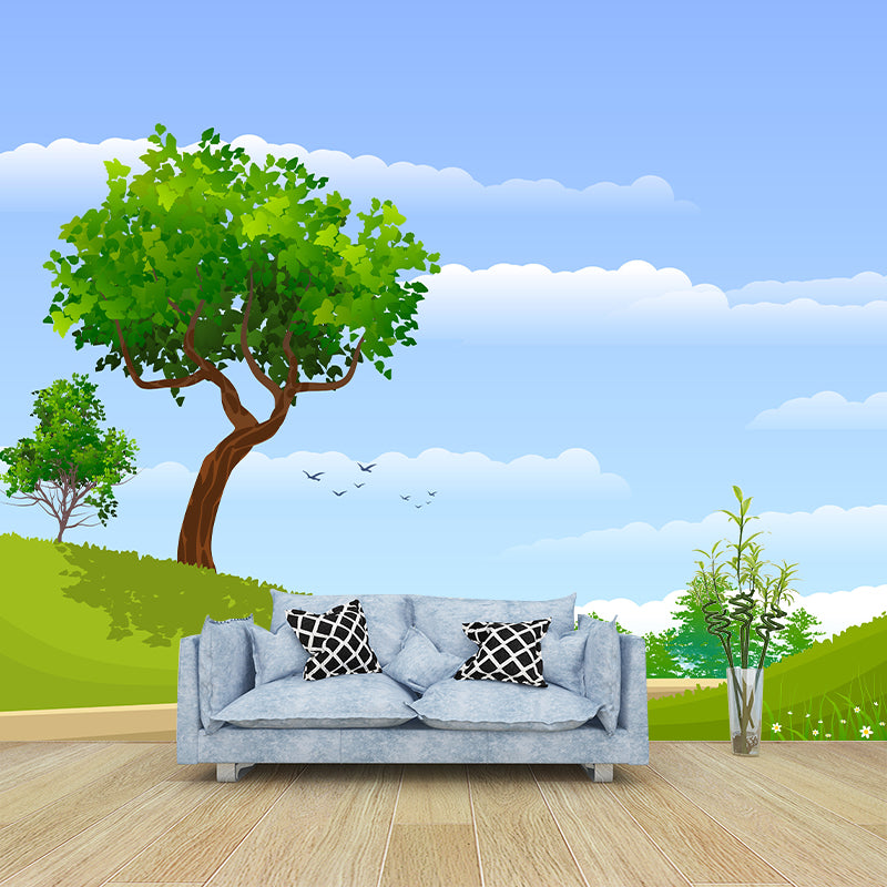Green Tree Landscape Wall Mural Minimalist Home Decor Wall Art for Children's Room