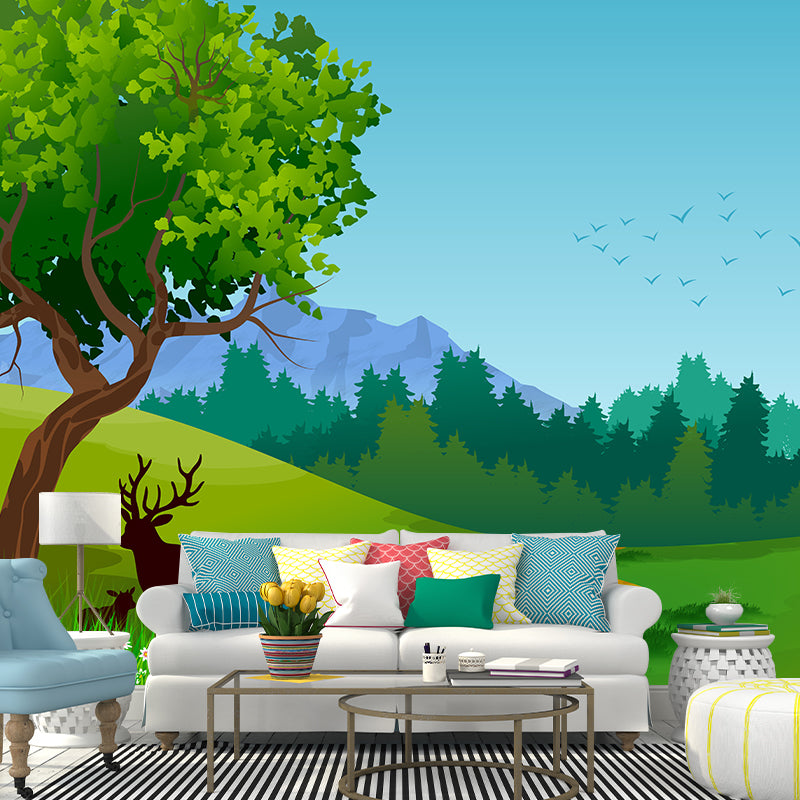 Green Tree Landscape Wall Mural Minimalist Home Decor Wall Art for Children's Room