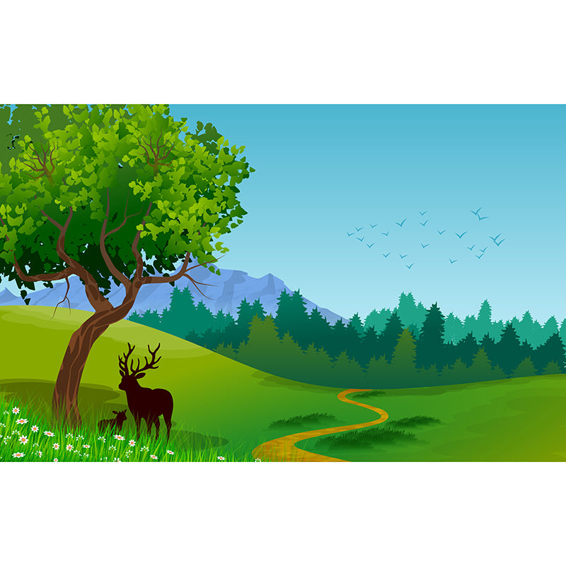 Green Tree Landscape Wall Mural Minimalist Home Decor Wall Art for Children's Room
