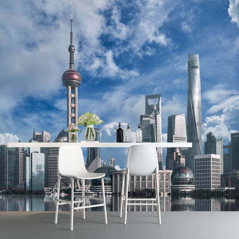 Modern City Landscape Mural Wallpaper Bedroom Office Wall Art, Custom Size Available