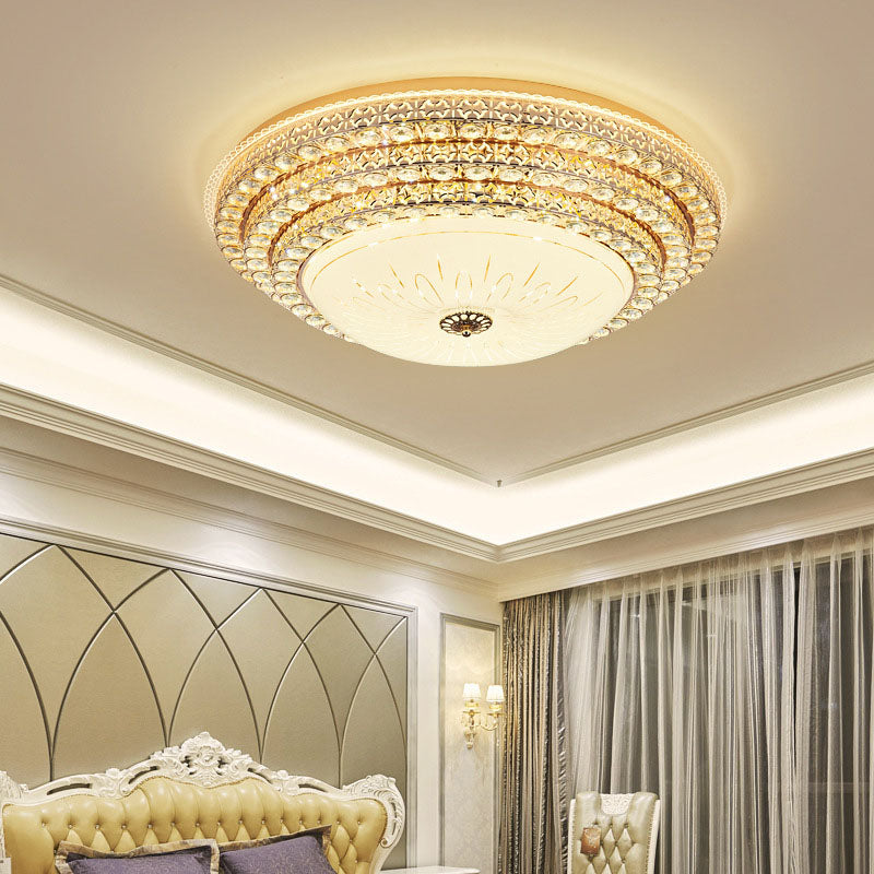 Modern Fashionable Circular LED Ceiling Light Crystal Indoor Flush Mount with Glass Shade