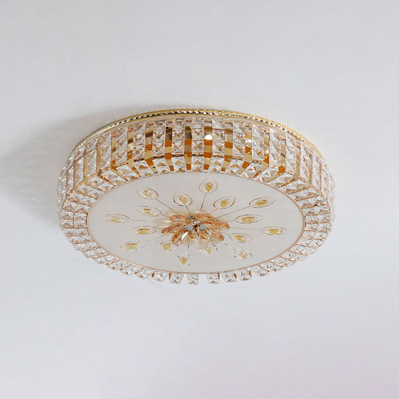 Plafonnier LED circulaire doré dans un style de luxe moderne à encastrer en cristal avec abat-jour en verre