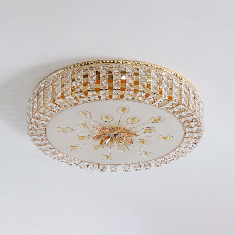 Gold Circular LED Ceiling Light in Modern Luxury Style Crystal Flush Mount with Glass Shade