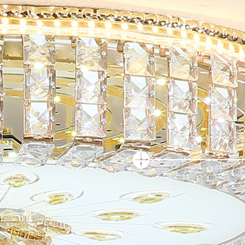 Gold Circular LED Ceiling Light in Modern Luxury Style Crystal Flush Mount with Glass Shade