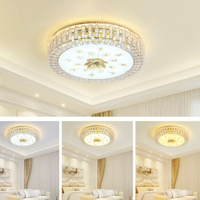Gold Circular LED Ceiling Light in Modern Luxury Style Crystal Flush Mount with Glass Shade