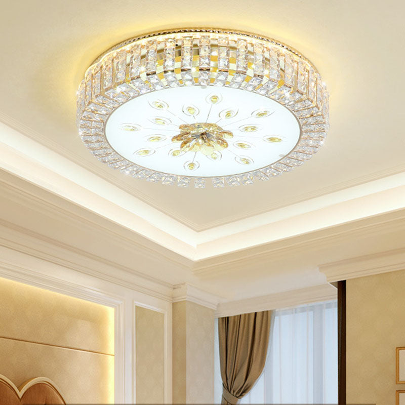 Gold Circular LED Ceiling Light in Modern Luxury Style Crystal Flush Mount with Glass Shade