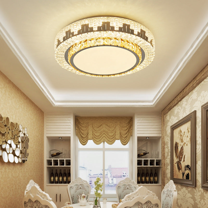Silver Circular LED Flush Mount in Modern Luxury Style Wrought Iron Ceiling Light with Crystal Shade